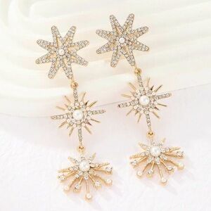 Elegant Celestial Bohemian Starburst Faux Pearl  Drop Statement Earrings